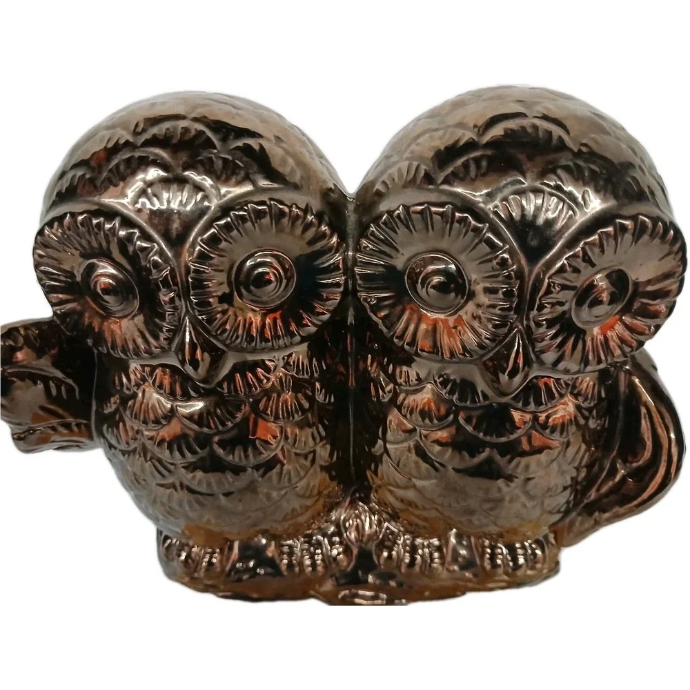 1950s Vintage Owls on a log Shelf Sitter Bronze Color Art MCM Ceramic 9.5 #107B5